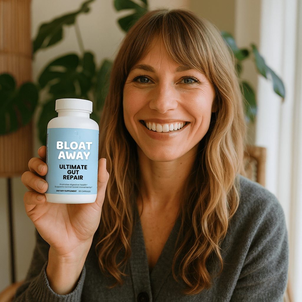 Woman holding a bottle labeled 'Bloat Away Ultimate Gut Repair' in an indoor setting.